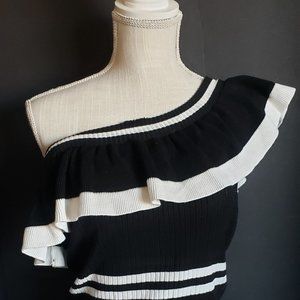 XOXO Womens Ruffled Off Shoulder Sweater Dress Black and White Medium